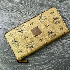 MCM Gold Zip Around Monogram Wallet